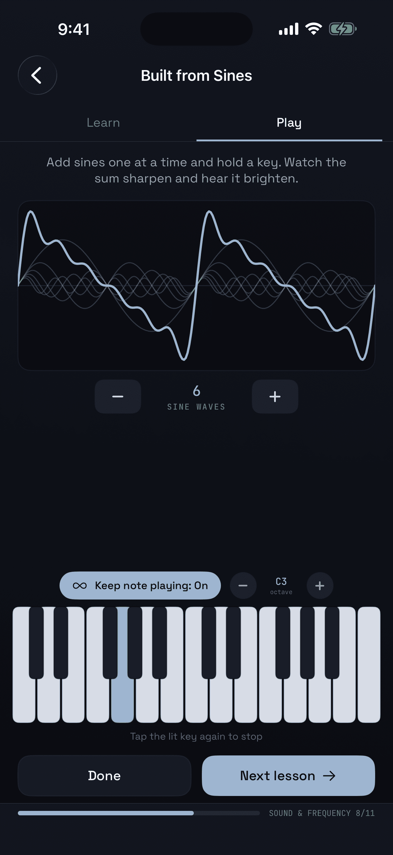 A waveform being built from pure sine waves, one at a time